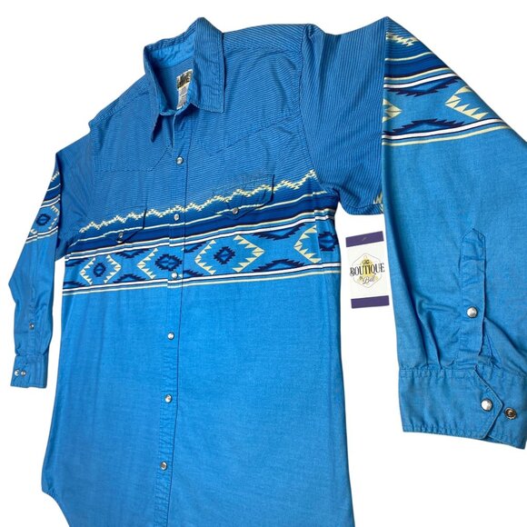VTG Express Rider Pearl Snap Shirt Western Cowboy Rodeo Ranch 2XL Blue Aztec - Picture 12 of 16